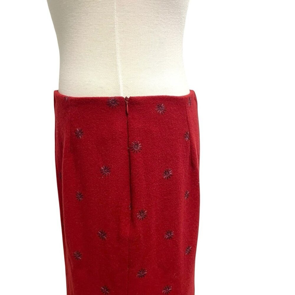Vintage BURBERRY Wool Cashmere Angora Embroidered Pencil Skirt Red size 14 - Picture 3 of 8